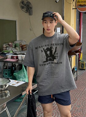 MRDONG韩国代购男装TAKE颜料水洗人物印花宽松圆领短袖T恤复古