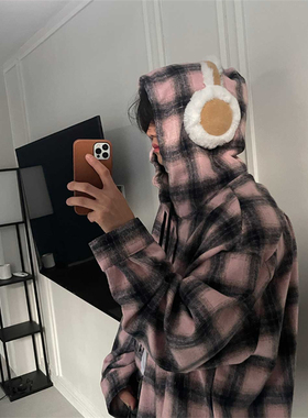 MRDONG韩国男装代购秋冬磨毛绒感复古风混色格子连帽衬衫宽松外搭