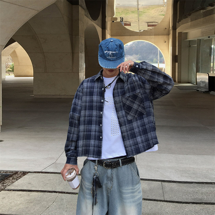 韩国男装短款褶皱纹理格子纹衬衫