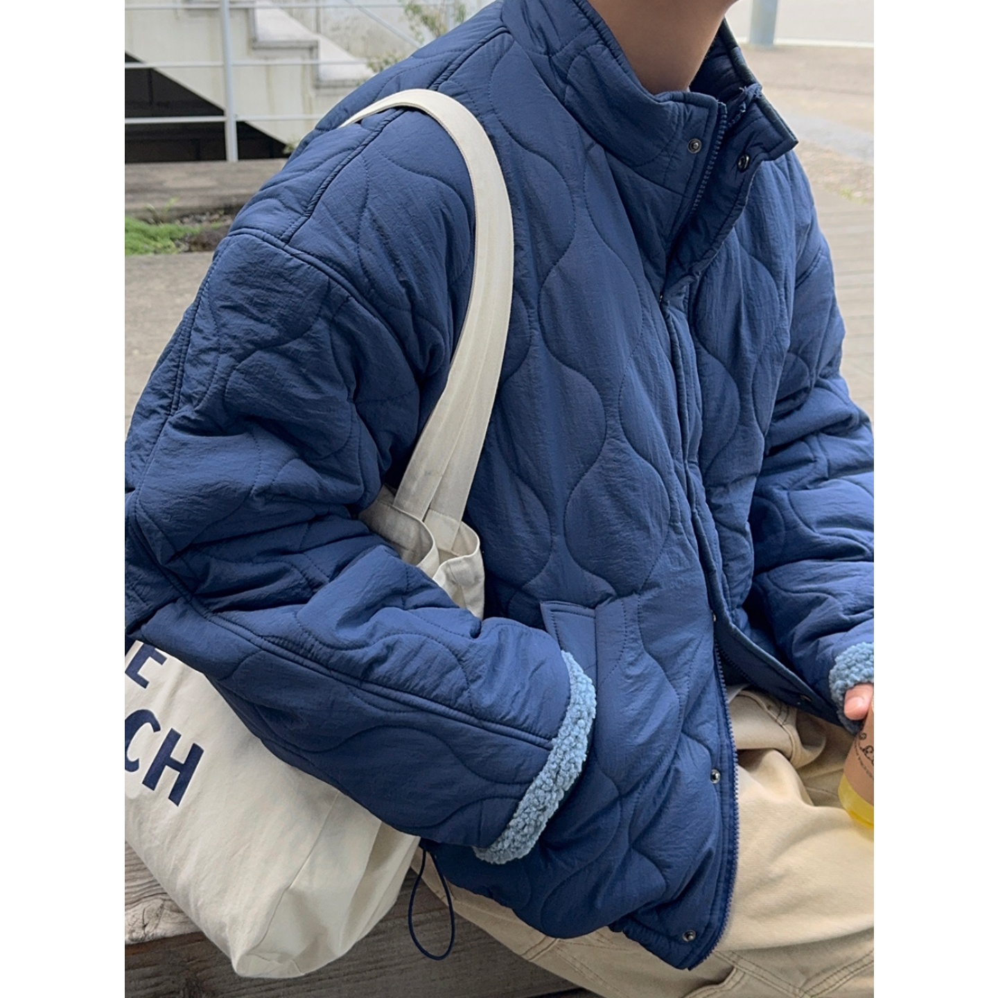 韩国男装羊羔绒内里立领夹棉外套