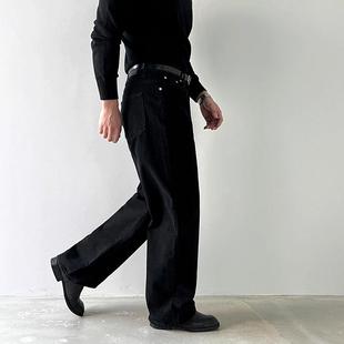 MRDONG韩国代购男装抓绒黑色宽腿直筒休闲牛仔长裤硬朗感结构立体