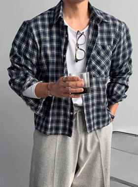 MRDONG韩国代购男装短款复古格纹宽松版型叠穿设计休闲感长袖衬衣
