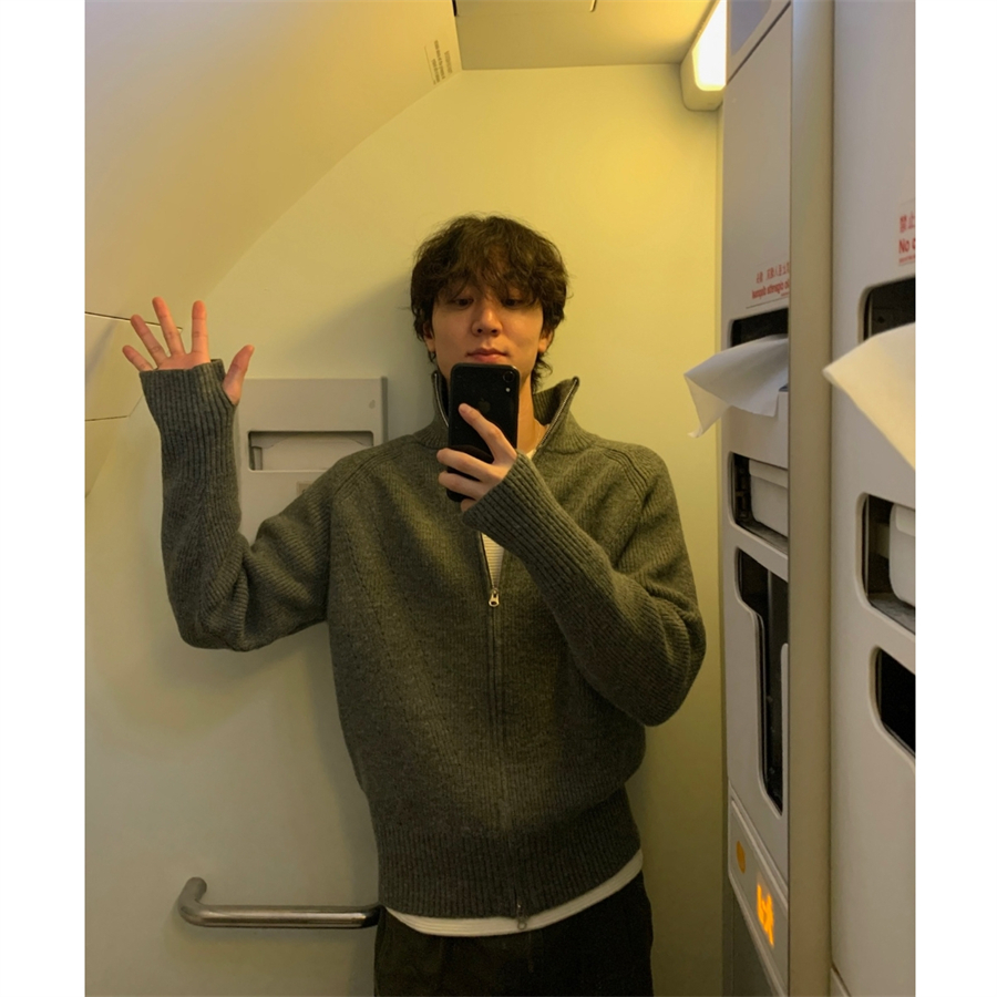 韩国男装立领拉链套指针织开衫