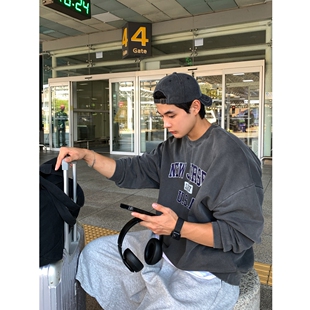 MRDONG韩国男装代购USA褪色做旧英文经典学院风水洗宽松圆领卫衣