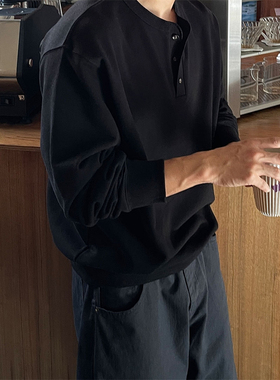 MRDONG韩国男装代购螺纹亨利领高品简约休闲轻熟设计宽松套头卫衣