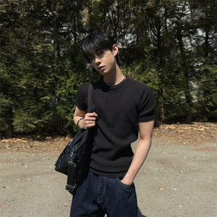 MRDONG韩国男装代购坑条螺纹弹力修身针织插肩袖打底健身短袖T恤