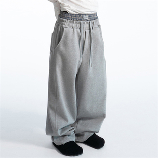 格子拼接双腰假两件复合棉阔腿可束脚休闲卫裤 MRDONG韩国男装 代购