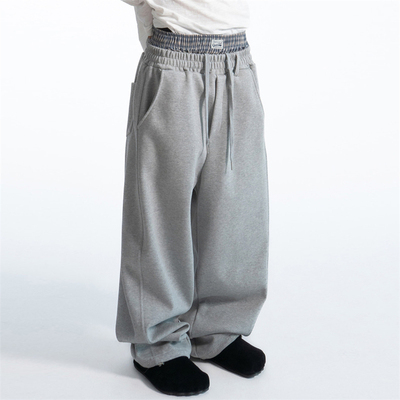 韩国男装格子拼接双腰假两件卫裤