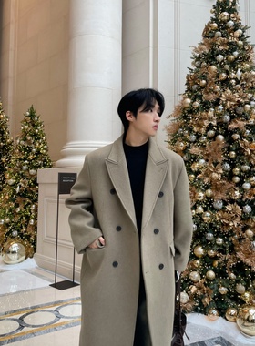 MRDONG韩国代购男装LAINE双排扣羊毛呢大衣廓形剪裁秋冬显高级