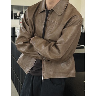 MRDONG韩国代购 高奢水洗翻领皮衣夹克复古做旧机车廓形短外套 男装