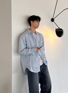 MRDONG韩国男装代购弧形下摆时尚设计师条纹中长慵懒阔版长袖衬衫