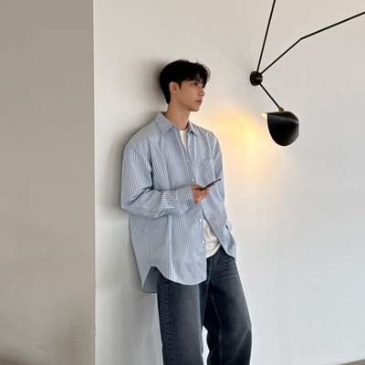 韩国男装设计师条纹中长慵懒衬衫