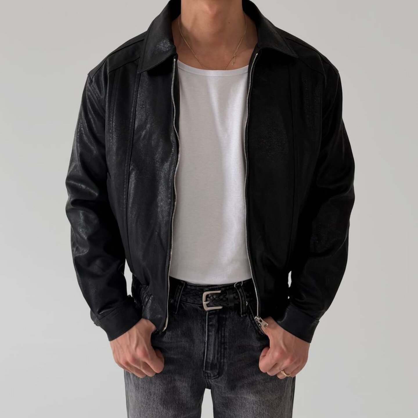 MRDONG韩国代购男装春季无光复古做旧皮质夹克宽松机车廓形感外套