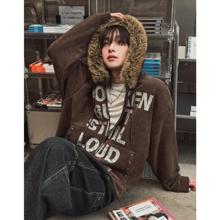 MRDONG韩国代购男装做旧字母印花毛领加厚连帽外套街头复古感觉强