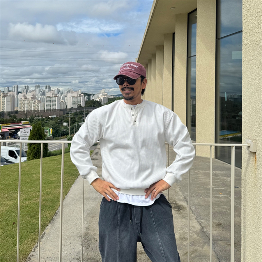 韩国男装亨利领纽扣复合棉卫衣T