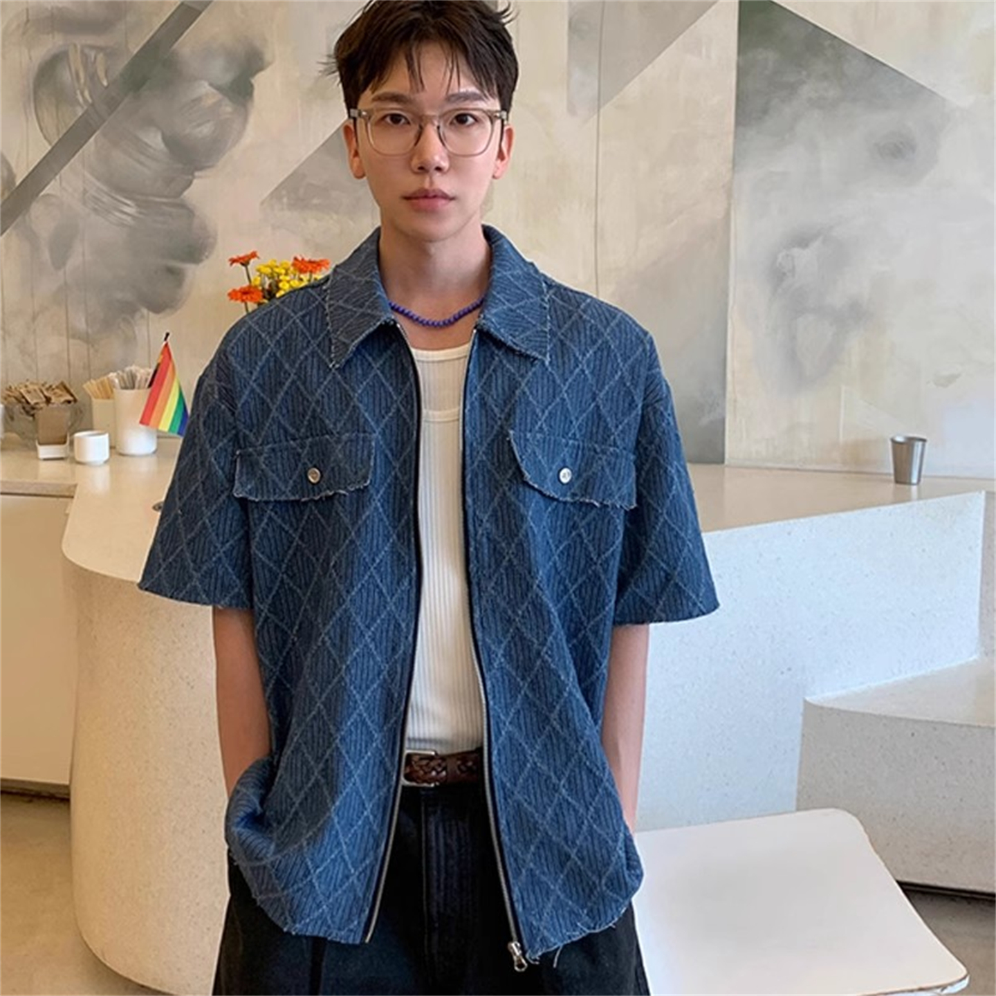 韩国男装代购菱形格纹理水洗潮搭高街设计师毛边拉链短袖牛仔衬衫
