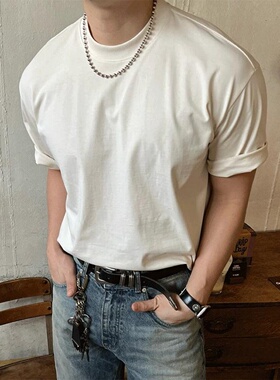 MRDONG韩国代购男装AVEC纯色宽松落肩圆领短袖简约廓形气质T恤