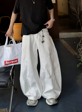 韩国男装代购直播ALLOVER抓痕破洞街头潮流弧形阔腿balloon牛仔裤