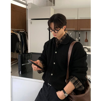 韩国男装短款插肩袖轻熟翻领开衫