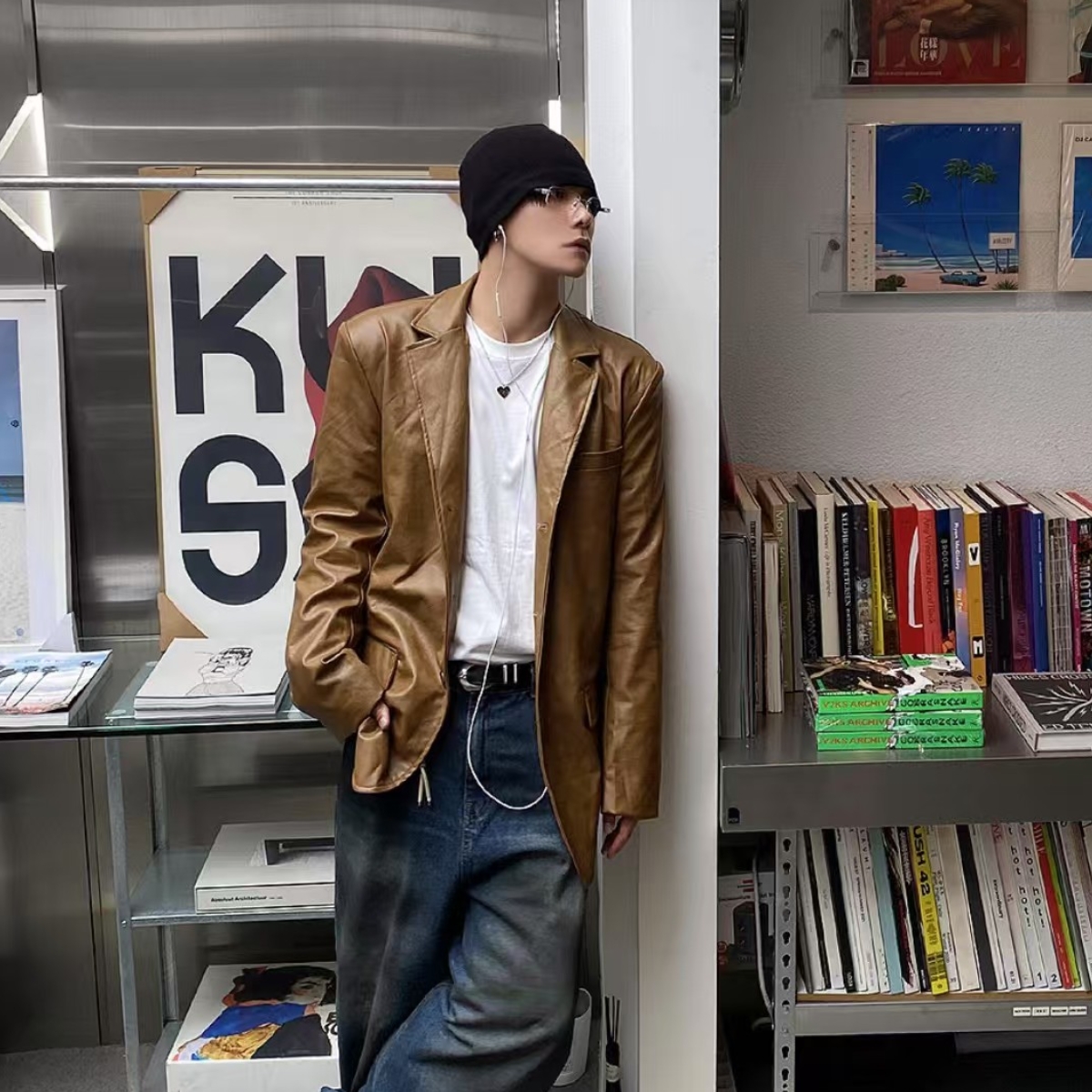 福利秒杀韩国代购直播设计师小众雅痞复古风男女同款皮PU西服外套