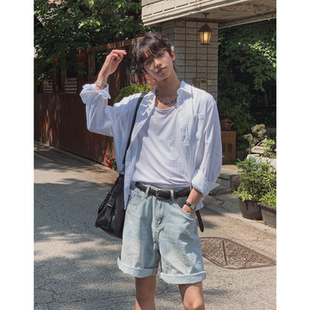 MRDONG韩国代购东大门男装蕾丝竖纹麻感宽松长袖衬衫薄透夏装防晒