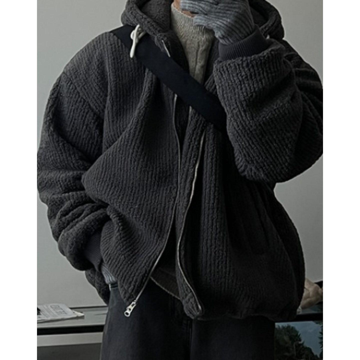 韩国男装连帽颗粒羊羔绒保暖夹克