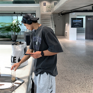 短袖 MRDONG韩国男装 做旧英文印花水洗色学院风阔版 USA美式 T恤 代购