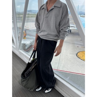 潮流落肩宽松套头卫衣 深V开衩翻领cropped短款 MRDONG韩国男装 代购