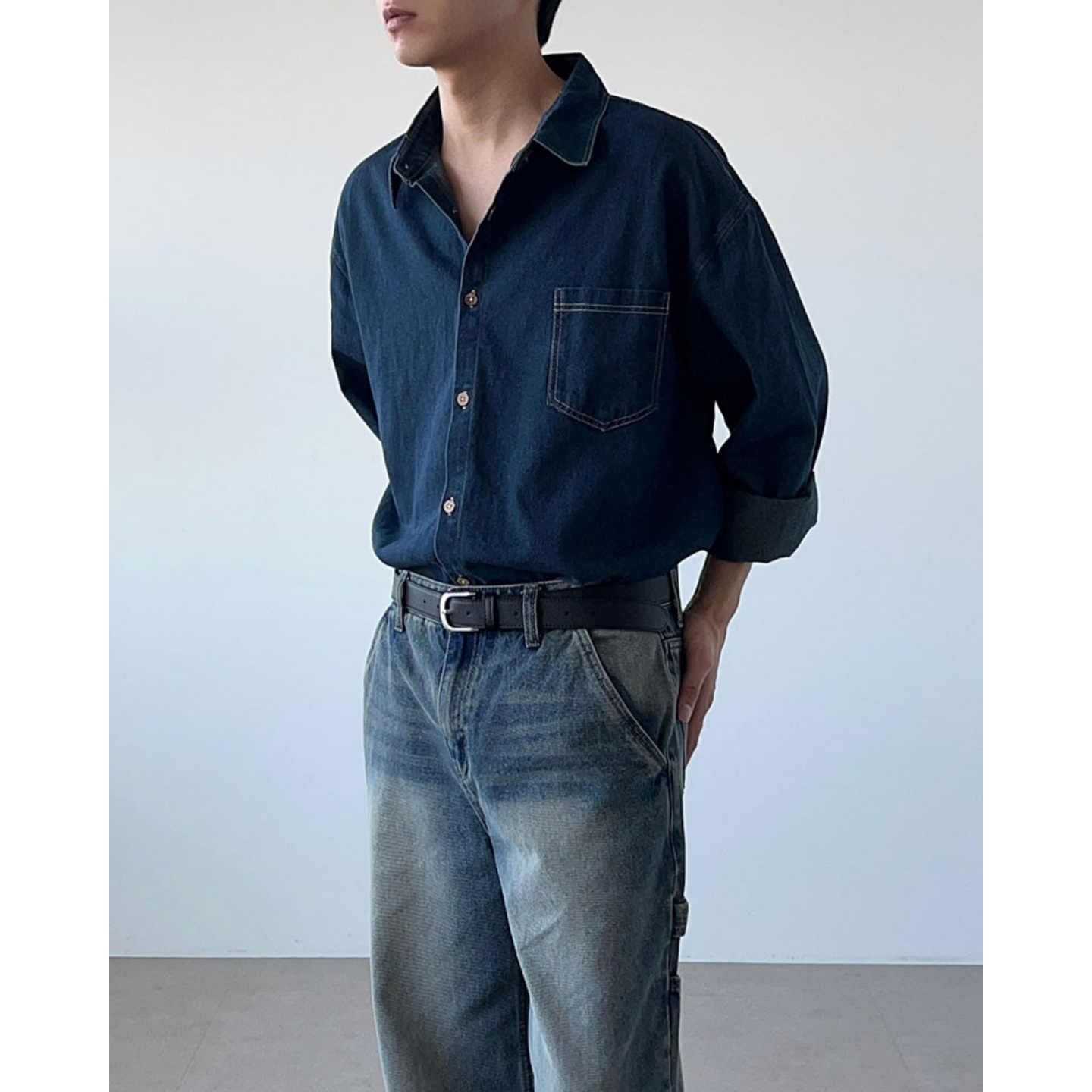 韩国男装单口袋轻熟复古牛仔衬衫