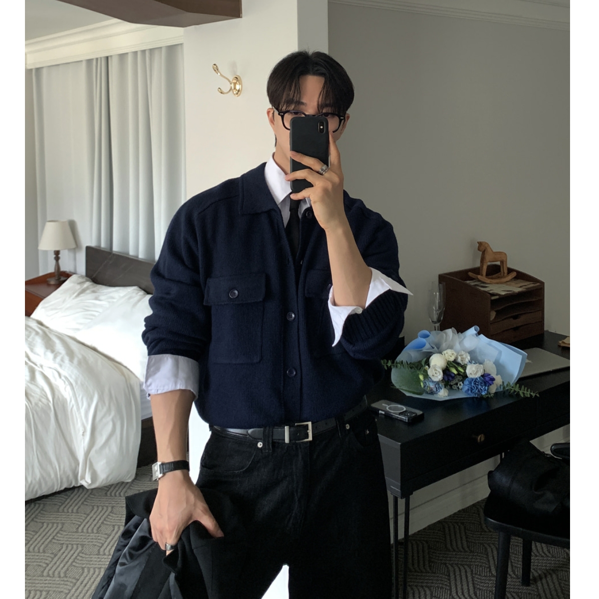 MRDONG韩国男装代购翻领精工翻盖口袋轻熟设计师宽松高品针织开衫