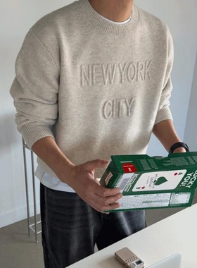 MRDONG韩国代购男装LOGAN纽约浮雕羊毛针织圆领毛衣简约都会风