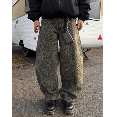 韩国代购水洗洋气豹纹弯刀休闲裤