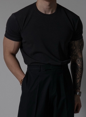 韩国男装代购直播LOGAN夏季亲肤弹力棉混纺修身短袖T恤健身打底衫