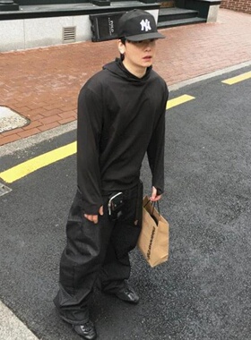 MRDONG韩国代购男装轻薄复合连帽短款卫衣叠穿结构小众长袖T恤