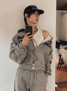 MRDONG韩国代购男装字母刺绣慵懒短款连帽拉链卫衣外套街头氛围春