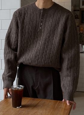 韩国男装代购直播LOGAN高档意大利进口面料亨利领麻花针织衫毛衣