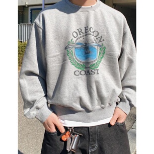 情侣上衣男 复古海景印花圆领卫衣宽松慵懒美式 MRDONG韩国代购 男装