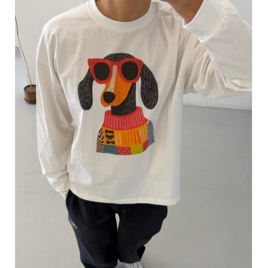 MRDONG韩国代购男装墨镜腊肠犬彩绘拼色趣味宽松长袖T恤俏皮年轻