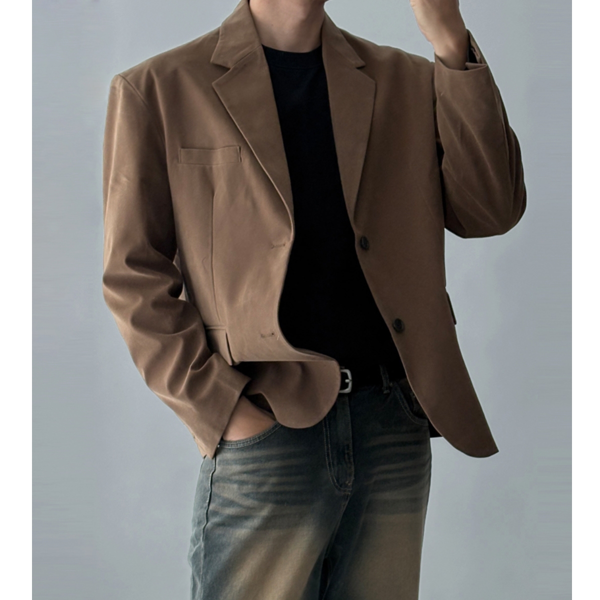 韩国男装设计秋冬翻毛麂皮绒西服