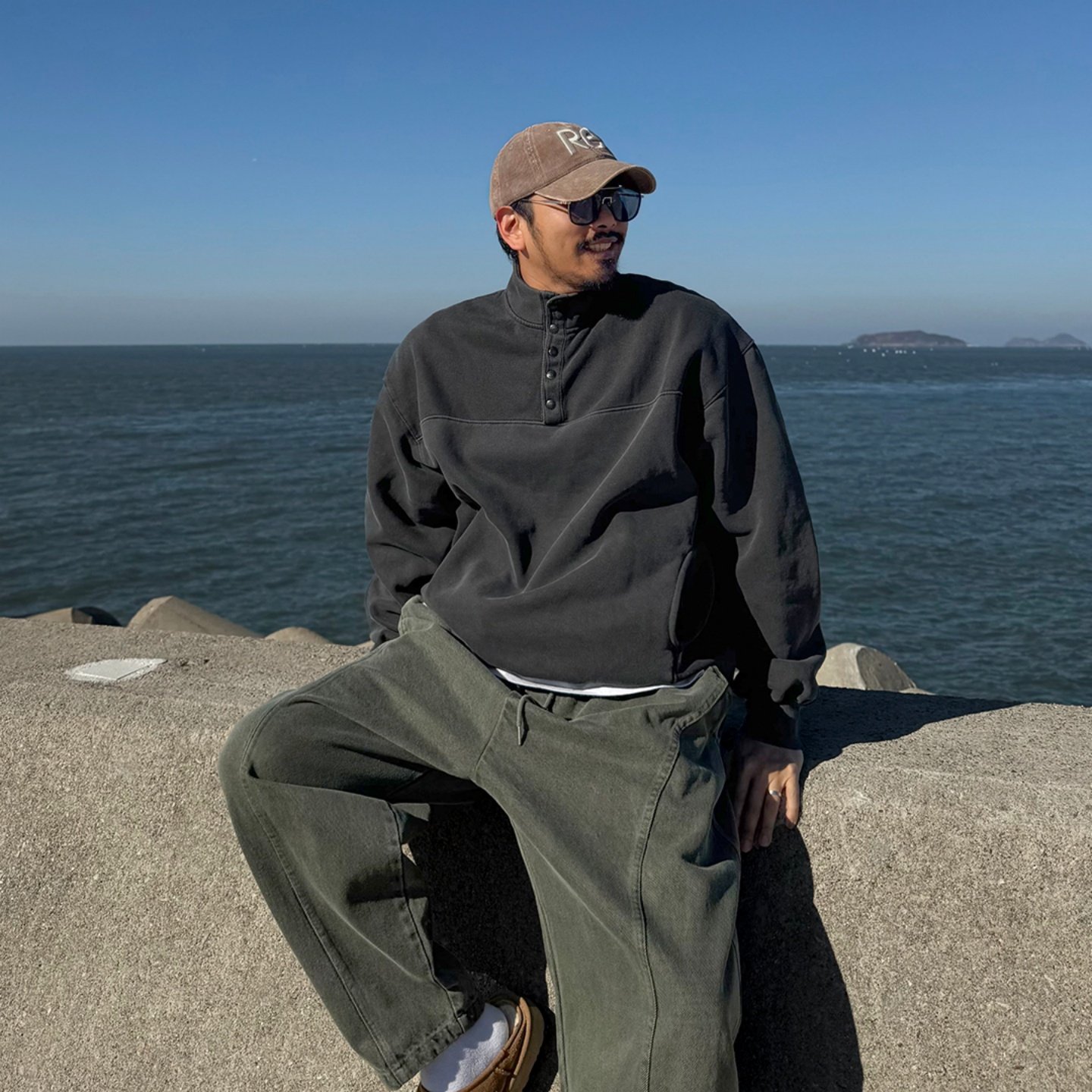 MRDONG韩国男装代购立领半开按扣拼接做旧水洗色加绒宽松套头卫衣,男装,卫衣,淘宝优惠券,粉丝福利购,淘宝优惠卷