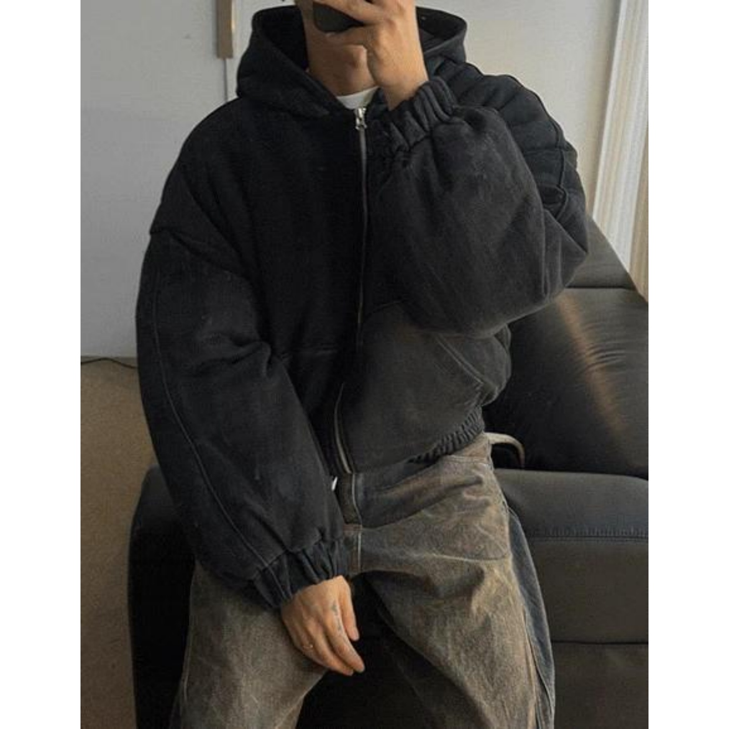 MRDONG韩国男装代购复古水洗做旧抓痕纹理感短款连帽棉服夹克外套