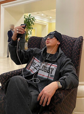 MRDONG韩国代购男装做旧水洗连帽拉链卫衣街头字母印花宽松外套潮