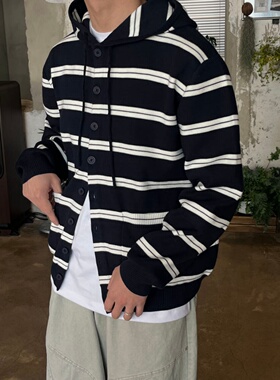 MRDONG韩国代购男装LOGAN条纹连帽针织开衫复古学院次叠穿外套