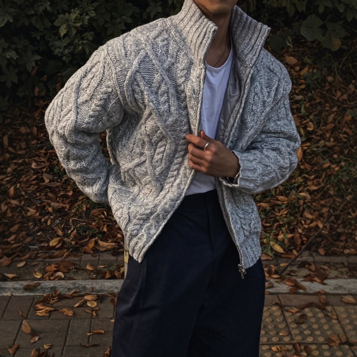 韩国男装代购直播ECRU双向拉链立领高档立体夹棉麻花针织开衫外套