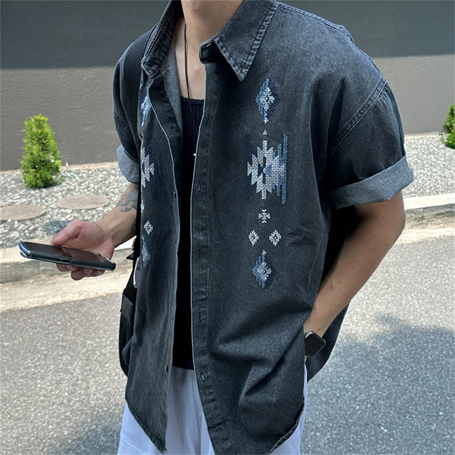 MRDONG韩国男装代购重工几何拼色复古民族风刺绣水洗牛仔短袖衬衫