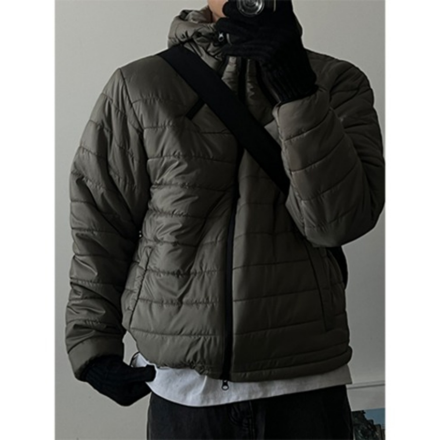 MRDONG韩国男装代购格子暗纹光泽面料三拉链轻量连帽棉服夹克外套