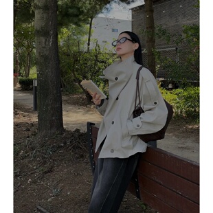 MRDONG韩国代购东大门男女高密斜纹棉双排扣短款风衣夹克气质外套