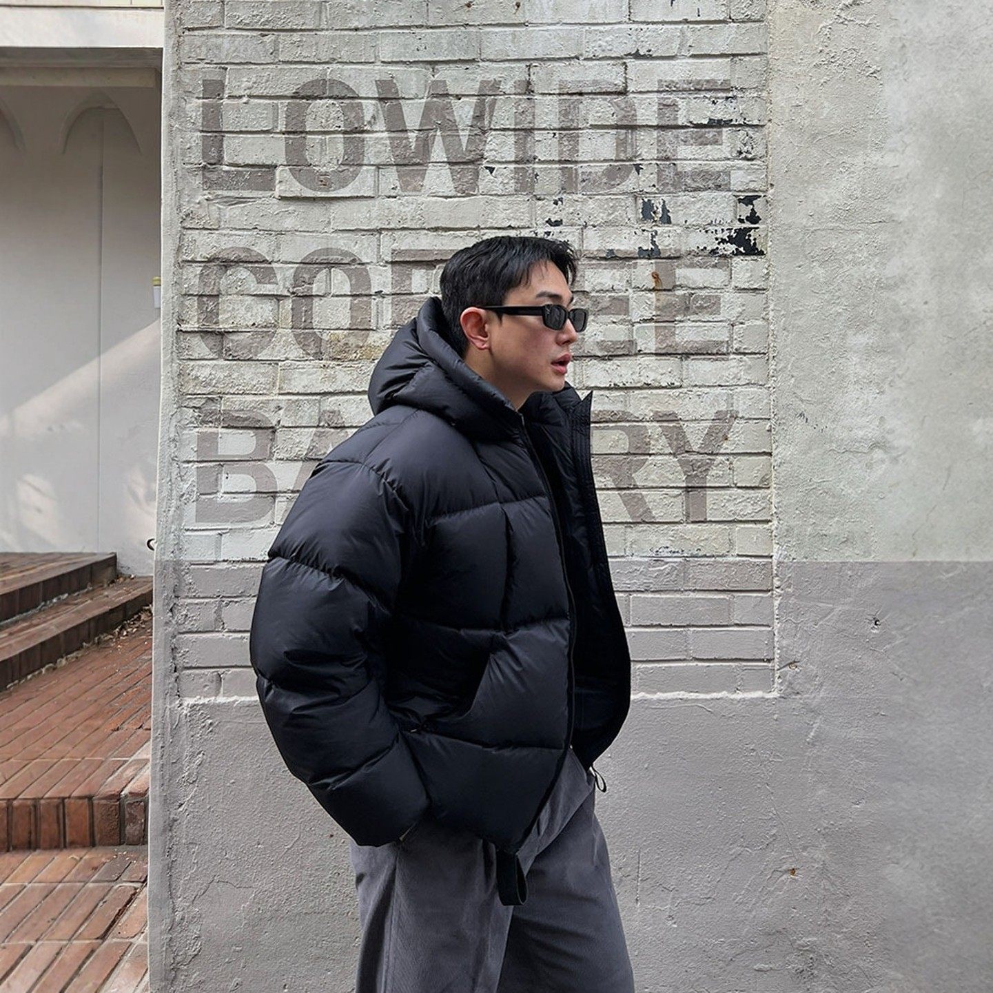 韩国代购男装直播mosco重工蓬松弧形压线蓬松鸭绒羽绒服连帽外套