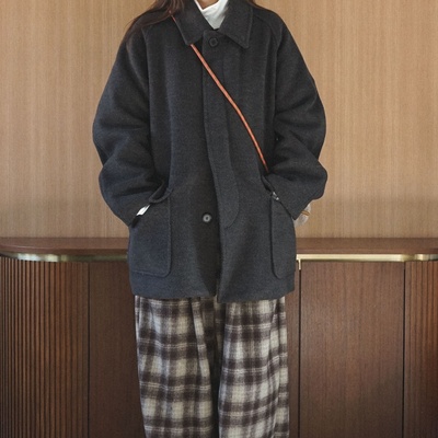 韩国代购短款羊毛翻领大衣外套