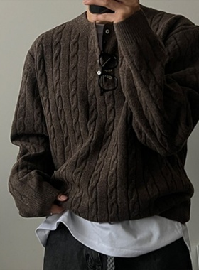 MRDONG韩国代购男装LOGAN绞花亨利领针织复古肌理毛衣秋冬层次